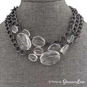 Triple Strand Chunky Acrylic Faceted Beads Black Tone Curb Chain Toggle Necklace